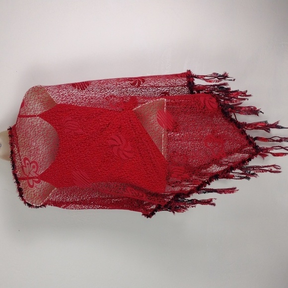 Not Your Mama's Pocncho Red Crocheted Killer Fring Super Cool Must Have Poncho! - Picture 7 of 10